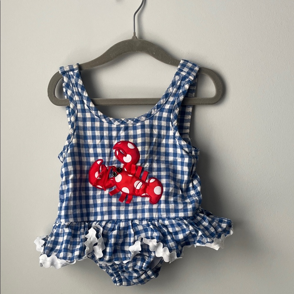 Blue Gingham Kids Swimsuit with Red Lobster Design